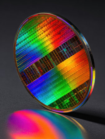 A semiconductor wafer showcases brilliant rainbow hues reflecting light, emphasizing its intricate patterns and precision in a dark setting.の素材