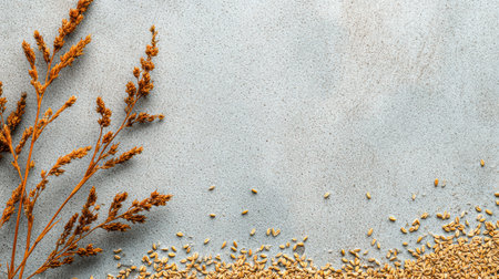 Dried plant stems with small seeds are scattered on a smooth surface, highlighting earthy tones and natural textures for a simple yet elegant display.の素材