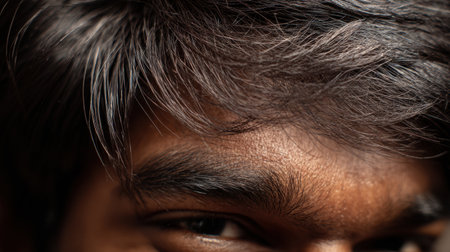 Young person displays lively hair and expressive eye captured in soft light, revealing intricate textures and vibrant details, creating an engaging composition.の素材