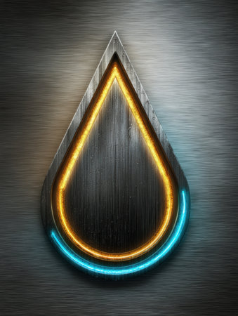A sleek metallic droplet shape with glowing neon outlines is displayed on a brushed metallic background, creating a contemporary and stylish effect.の素材