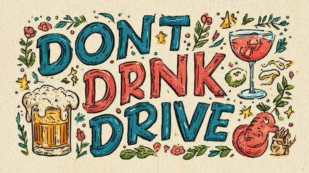 Creative artwork highlights the dangers of drunk driving with vibrant illustrations of beer, cocktails, and floral elements.の素材