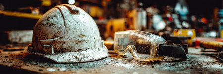 Safety gear including a hard hat and protective glasses rests on a dusty workbench amid tools and equipment in a construction workshop.の素材