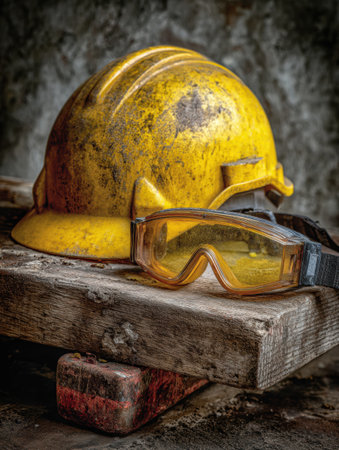 Worn yellow hard hat sits on a wooden surface beside protective goggles, showcasing tools essential for safety in construction or industrial settings.の素材