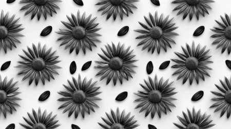 Design showcases a repeating black and white pattern with detailed sunflowers and seeds, ideal for creative projects and modern decor elementsの素材