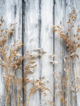 Dried grass and stems stand out against a textured wooden background, offering a tranquil and organic feel to the space, perfect for home decor.の素材