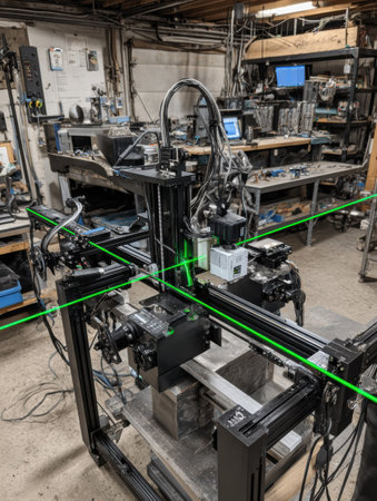 A detailed view of a laser alignment system configured in a workshop, designed for precision measurements of machinery components.の素材