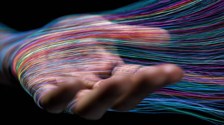 Vibrant strands of colored light appear to flow from an open hand in an artistic representation of energy and movement, showing creativity and imagination.の素材