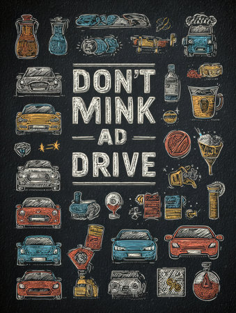 A vibrant graphic showcases distracted driving dangers with colorful icons of phones, drinks, and food.の素材
