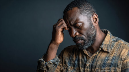 A man appears deep in thought, showing signs of contemplation and struggle. His expression reveals emotions in a softly lit setting.の素材