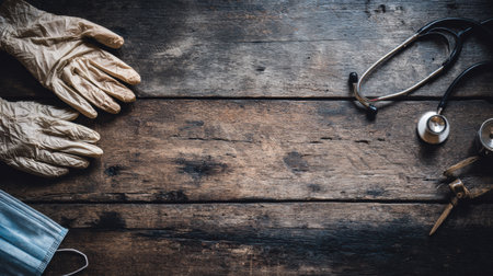 Personal protective equipment, including gloves and a mask, sits alongside medical tools on a wooden surface, highlighting safety practices in healthcare.の素材