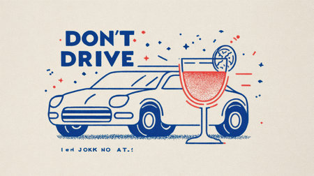 Colorful illustration encourages safe driving by depicting a car next to a drink, emphasizing the importance of making responsible decisions on the road.の素材