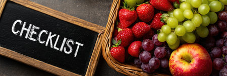 A variety of fresh fruits including strawberries, grapes, and an apple are arranged in a basket next to a chalkboard that reads checklist for health.の素材