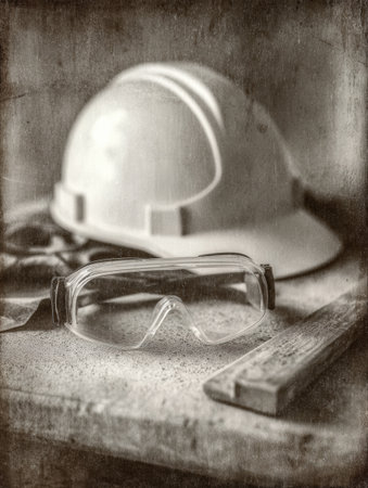 Hard hat and safety goggles are placed on a wooden surface, surrounded by tools, representing a construction site atmosphere during the day.の素材