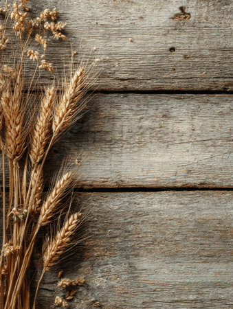 Dried wheat stalks are placed on an old wooden surface, creating a warm and earthy atmosphere illuminated by gentle natural light.の素材