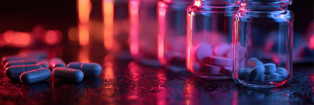 Pills in different colors are displayed in glass jars on a shiny surface with a vibrant glow from nearby lighting, creating a dramatic effect.の素材
