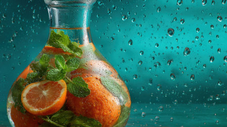 Brightly colored beverage features fresh oranges and mint leaves in a glass container against a turquoise backdrop with water droplets.の素材