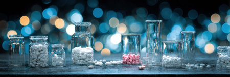 A collection of glass jars filled with various colored pills showcases the beauty of modern medicine. Soft lights create an enchanting atmosphere.の素材