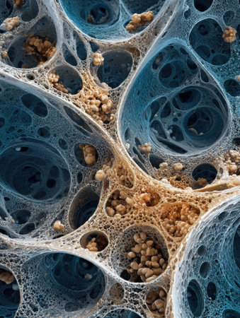 A close-up shows intricate blue and beige patterns with small particles in cavities, showing fascinating textures and forms.の素材