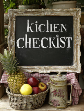A chalkboard displaying a kitchen checklist stands near a basket of fresh fruits, including apples, lemons, and a pineapple, all set in a sunny garden.の素材