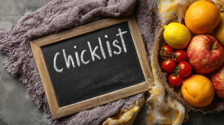 A chalkboard with the word checklist is positioned beside a basket filled with various fresh fruits like apples, lemons, and tomatoes on a counter.の素材