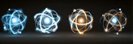 Four atoms with blue and orange glowing orbits against a dark background illustrate different energy levels and atomic behavior.の素材