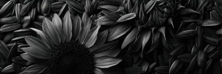 A close-up of a sunflower beside scattered seeds, highlighting various shapes and textures in black and white, capturing natures beauty in detail.の素材