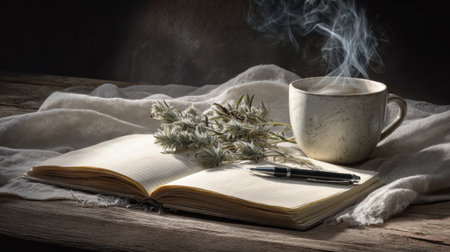 A cozy scene of a steaming cup of tea next to an open journal resting on a rustic wooden table, accompanied by fresh herbs and soft fabric.の素材