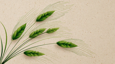 Delicate green wheat spikes with slender strands are arranged against a soft beige background, highlighting a blend of nature and artistry with simplicity.の素材