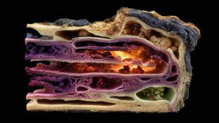 A stunning cross-section of a geological formation shows layers of vibrant colors and textures, highlighting the beauty of natural processes over time.の素材
