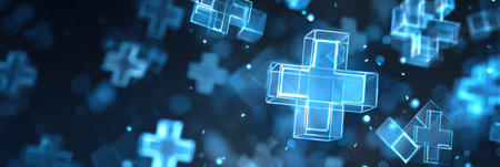 Glowing transparent plus signs shine against a dark background, symbolizing technology, health, and positivity in a modern scene.の素材