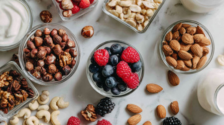 Bright berries and a variety of nuts are arranged in clear containers on a marble surface, showing nutritious options for snacks or meal prep.の素材