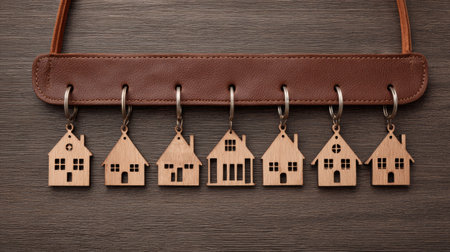 Seven wooden house keychains hang from a brown leather strap, each featuring a different design.の素材