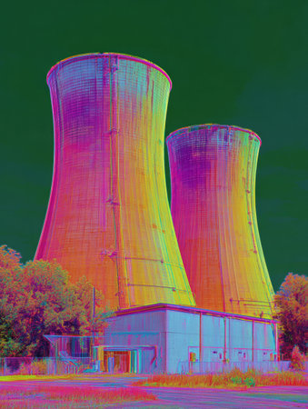 Two vibrant cooling towers stand tall in a green setting, highlighting the contrast between nature and industrial structures under bright colors.の素材