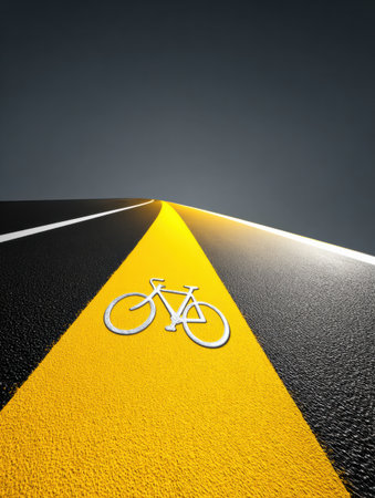 A distinct cycling lane marked with bright yellow lines stretches to the horizon, creating an inviting path against a dark sky.の素材
