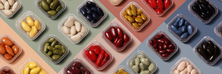 A vibrant arrangement of olives in clear containers set against different colored backgrounds, highlighting the diversity in flavors and types.の素材