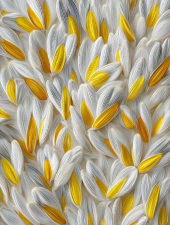 A close-up view reveals a dense arrangement of white and yellow flower petals, creating a striking and vibrant display of natural colors and textures.の素材