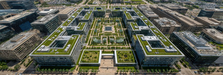Lush green rooftops top modern buildings in a city center, showing innovative architecture and urban design that blends nature with workspaces.の素材