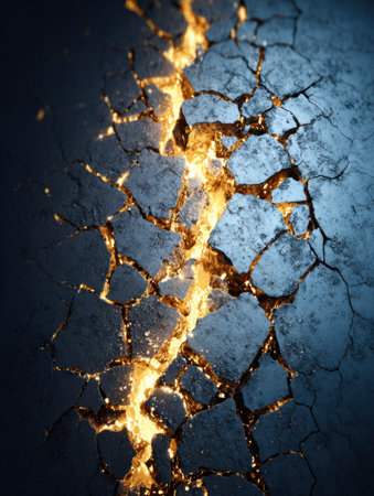A cracked surface showcases glowing veins of light, revealing deep fractures. The scene is captivating and dramatic, evoking a sense of mystery and intrigue.の素材