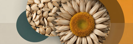 Sunflower seeds surround a vibrant sunflower head, displaying natural textures and colors that reflect the beauty of organic elements in a serene layout.の素材