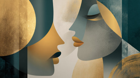 Two stylized faces are illustrated in soft colors and golden elements, creating a captivating abstract composition that evokes emotion and intrigue.の素材