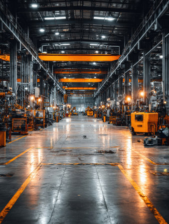 Large industrial warehouse features numerous machines and equipment arranged neatly under bright lights, reflecting a productive manufacturing environment.の素材