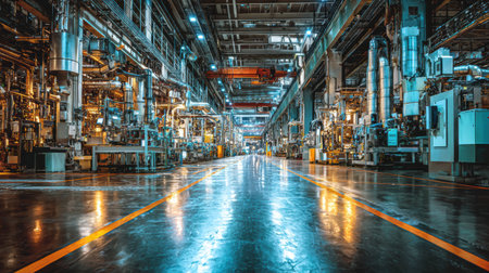 Factory interior displays a wide array of machinery and equipment under bright lights, highlighting the active and organized nature of the workspace.の素材