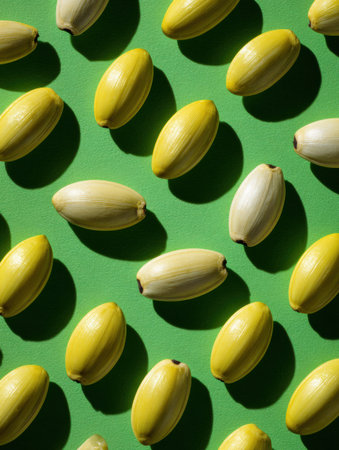 A creative layout features yellow and white squash spread evenly on a bright green surface, highlighting their shapes and shadows in natural light.の素材