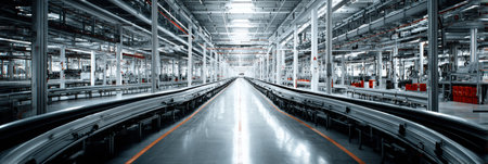 Brightly lit assembly line features a sleek conveyor belt leading into the distance, showing the orderly layout of a modern manufacturing facility.の素材