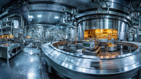 The scene captures a busy industrial environment filled with high-tech equipment and automated systems working efficiently together.の素材