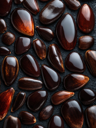 A collection of glossy brown stones varying in size and shape are scattered across a dark surface, highlighting their smooth texture and reflective quality.の素材