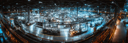 A bustling manufacturing facility showcases rows of machinery and workers engaged in production tasks under bright artificial lights during the evening hours.の素材