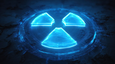 A vibrant blue representation of a nuclear symbol stands out against a dark surface, showing a blend of technology and energy concepts in a digital format.の素材