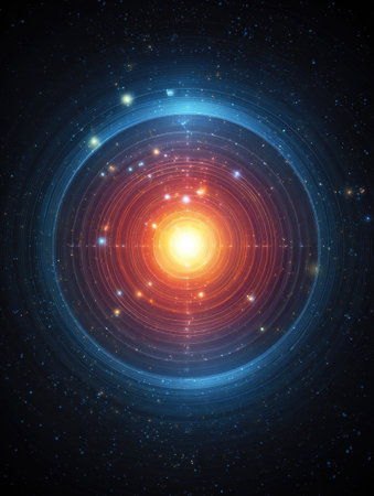 A vivid celestial sphere features a bright sun at its core, encircled by glowing stars and colorful dust, creating a mesmerizing cosmic scene.の素材
