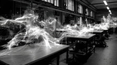 A vibrant, creative workspace filled with tables showcases dynamic light trails, reflecting artistic energy and innovation in an industrial environment.の素材